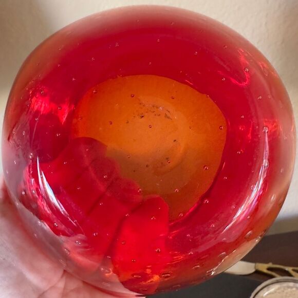 Vintage MCM Modern Murano Glass with Bullicante Bubbles Persimmon Bowl Art - Picture 4 of 4